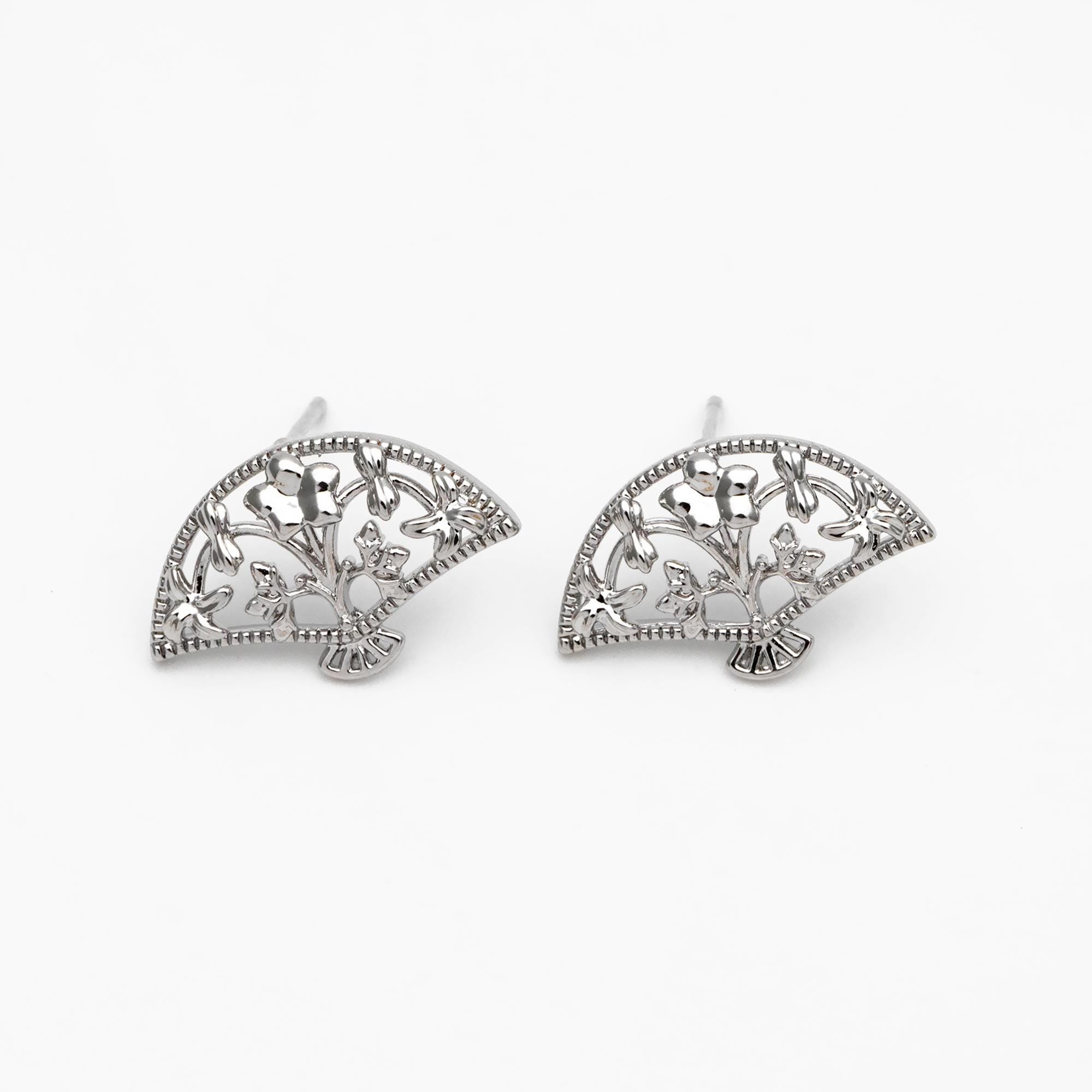 10pcs Gold/ Silver Tone Fan Shape Earrings, Gold/ Rhodium Plated Brass, Flower Fan Stud Earrings (#GB-4486)